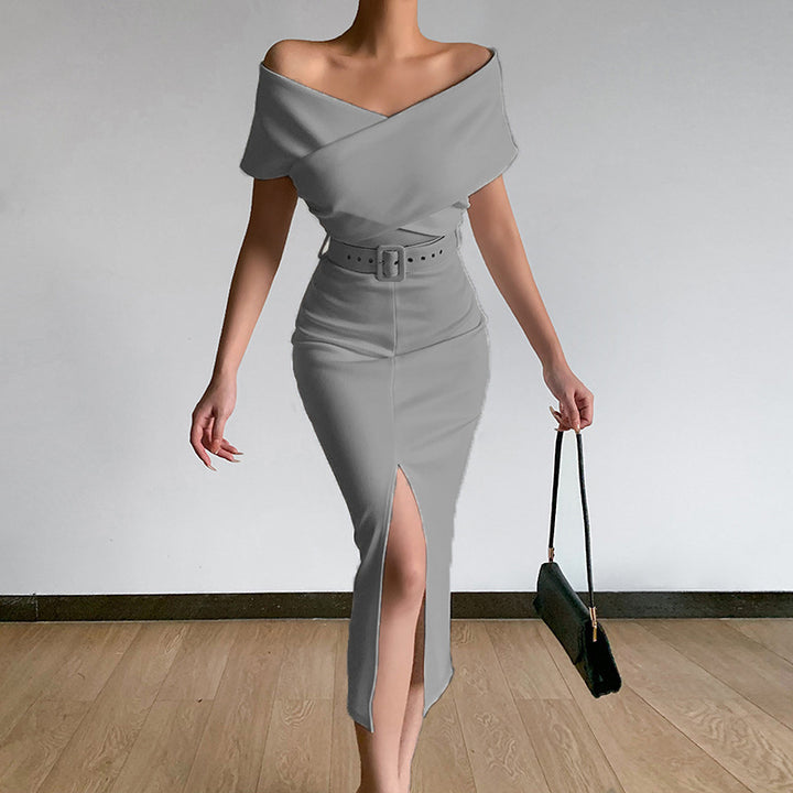 Damen Off-Shoulder Maxikleid mit Taillengürtel und seitlichem Schlitz Drune
