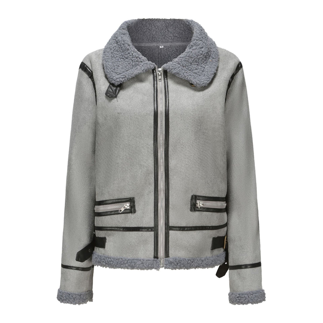 Damen Kurz geschnittene Aviator Lammfell‑Imitatjacke mit Teddyfutter und Kunstlederbesatz Drune