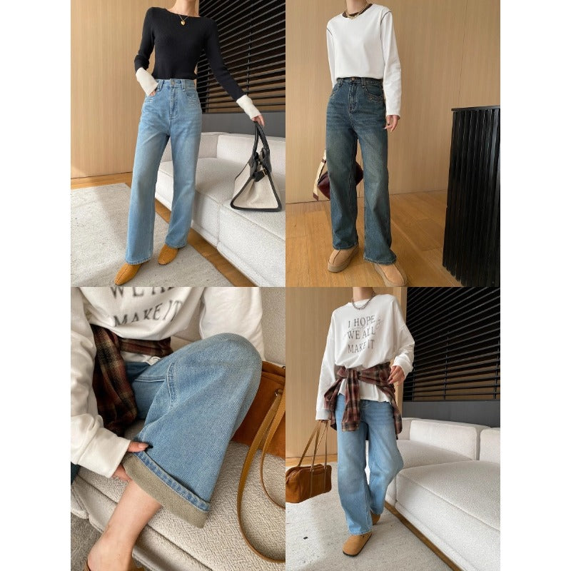 Damen hohe Taille Jeans mit weitem Bein und lässigem Schnitt Drune