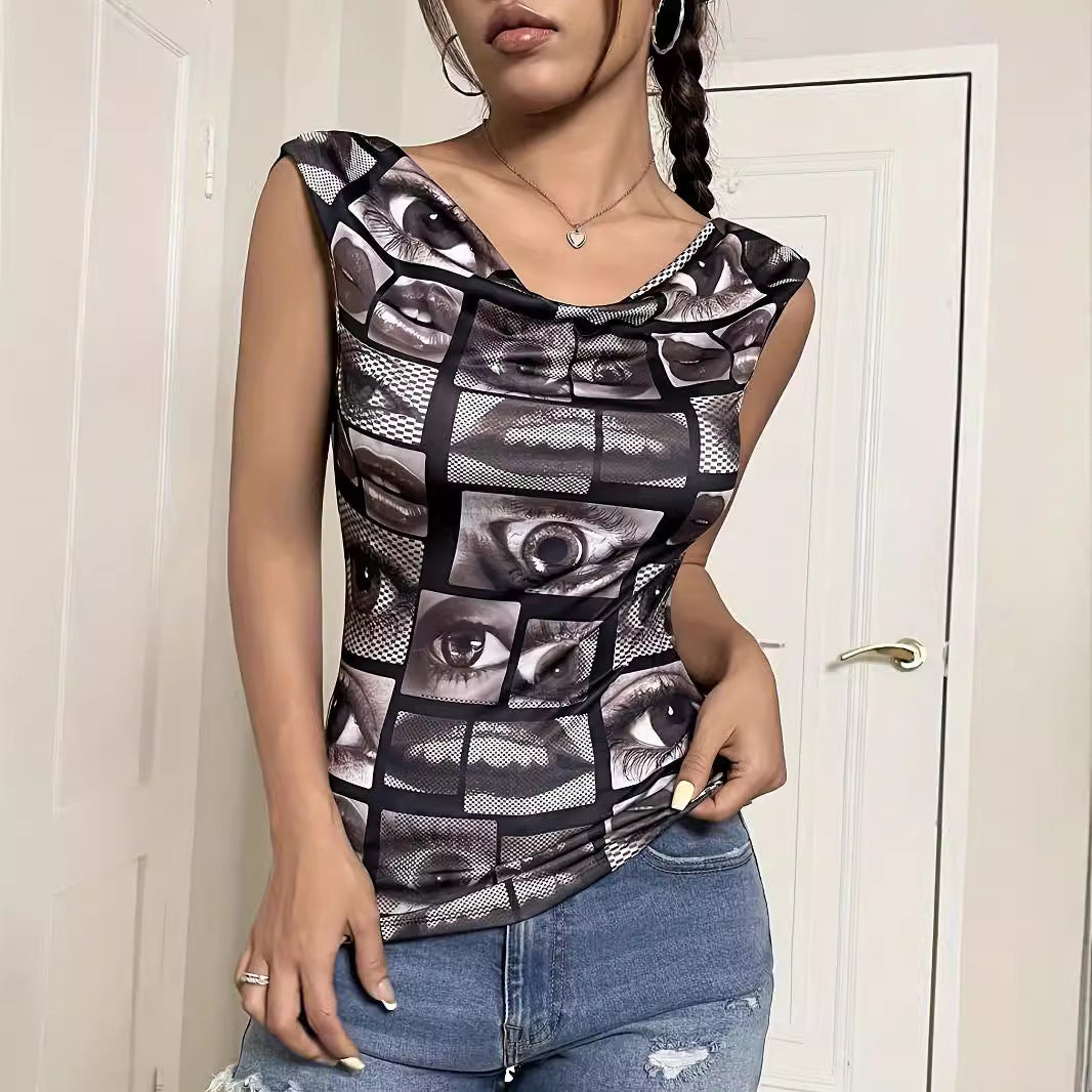 Damen nan tailliertes ärmelloses Jersey-Top mit Wasserfallkragen und collageartigem Gesichtsprint Drune