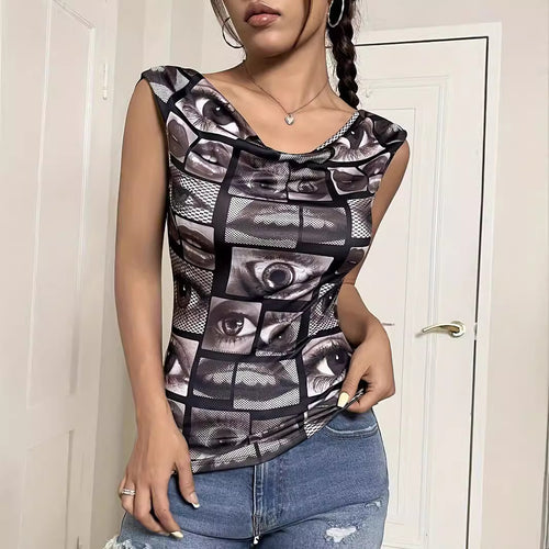 Damen nan tailliertes ärmelloses Jersey-Top mit Wasserfallkragen und collageartigem Gesichtsprint Drune
