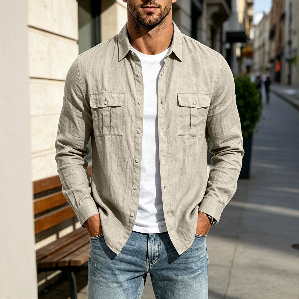 Herren Leichte Hemdjacke aus Baumwoll-Leinen mit Brusttaschen und lockerer Passform Drune