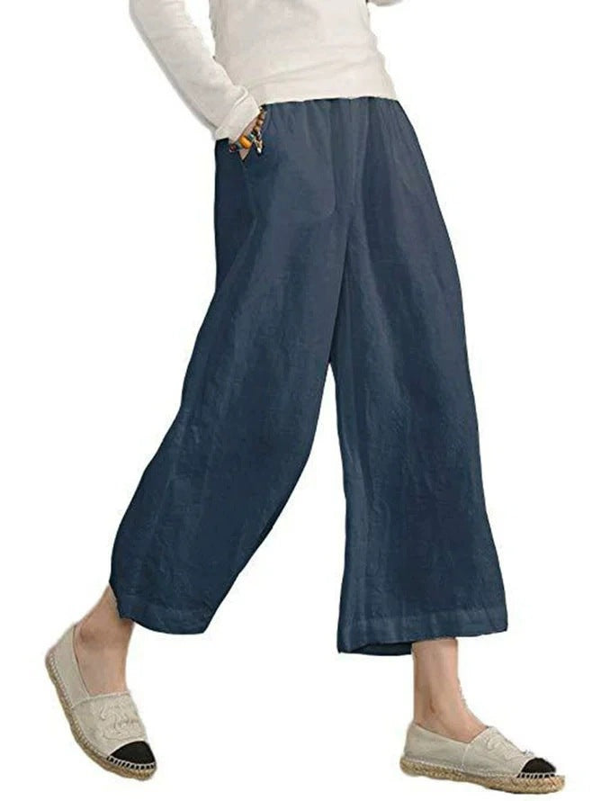 Damen weite Leinenhose mit seitlichen Taschen und elastischem Bund Drune