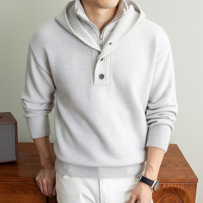 Herren Feinstrick-Kapuzenpullover mit halbem Reißverschluss und Knopfblende Drune