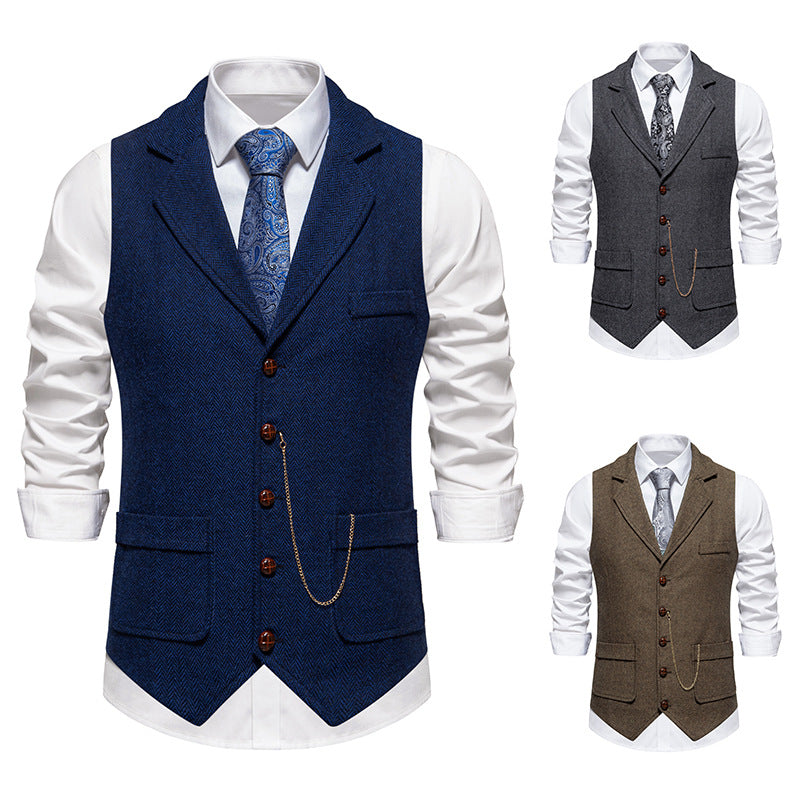 Herren nan Vintage-Weste mit Reverskragen Uhrenkette und Brusttasche Drune