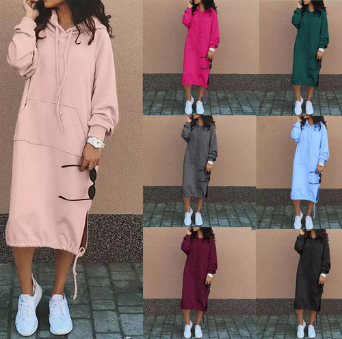 Damen Oversize Hoodie-Midikleid mit Tunnelzugsaum und seitlichen Schlitzdetails Drune