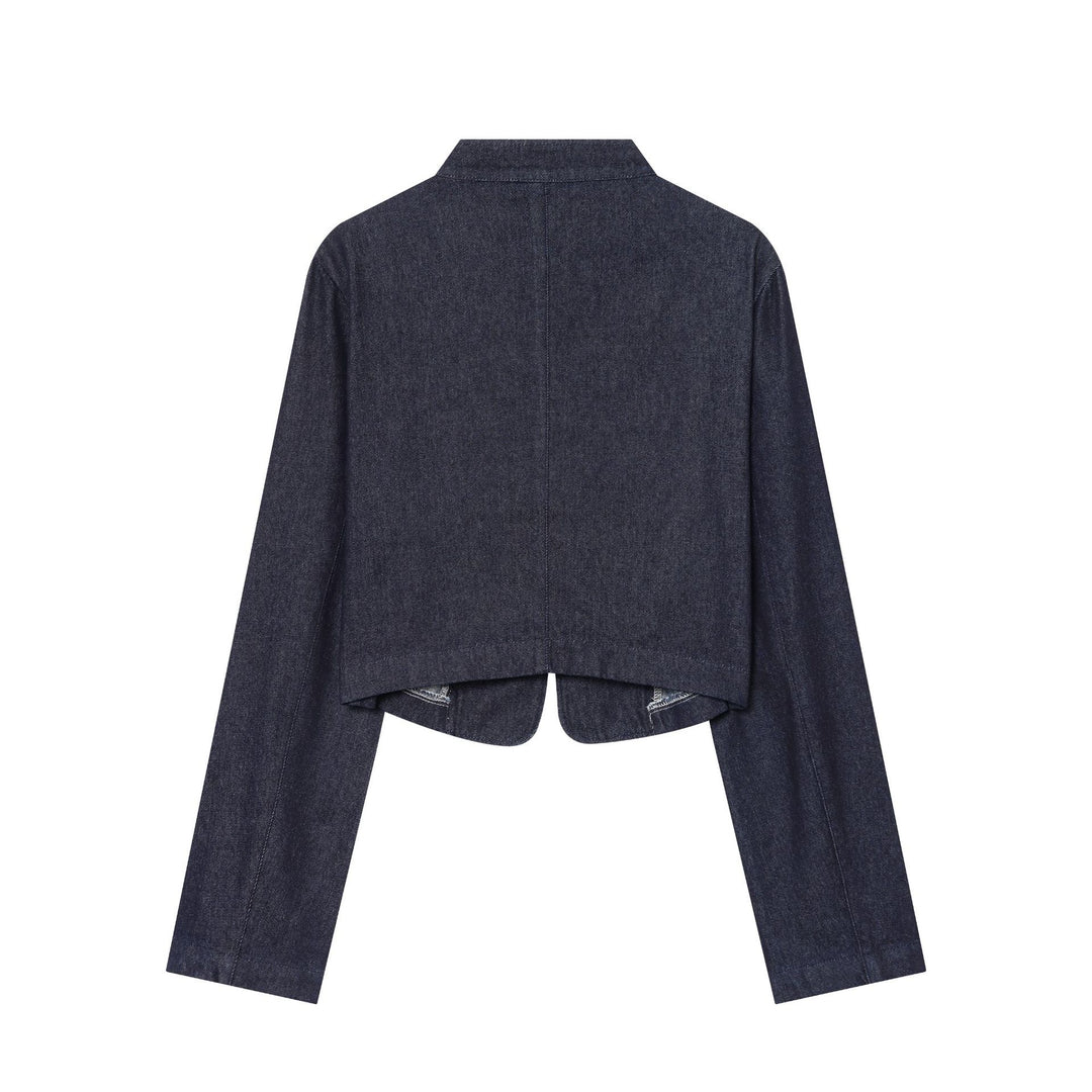 Damen Cropped Denim‑Militärjacke mit Stehkragen und dekorischer Zierknopfleiste Drune