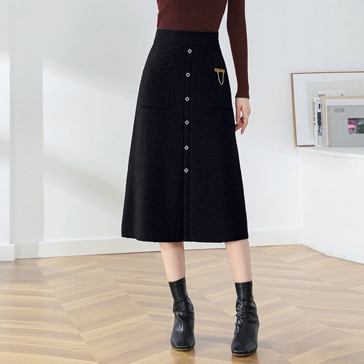 Damen Eleganter, gefütterter Knopf-Midirock Drune