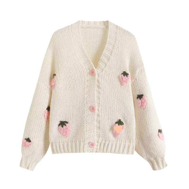 Damen kuschelige Strickjacke mit Erdbeerapplikationen Drune