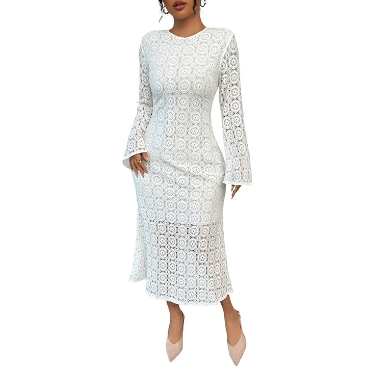 Damen Midikleid aus gehäkelter Spitze mit Trompetenärmeln Drune