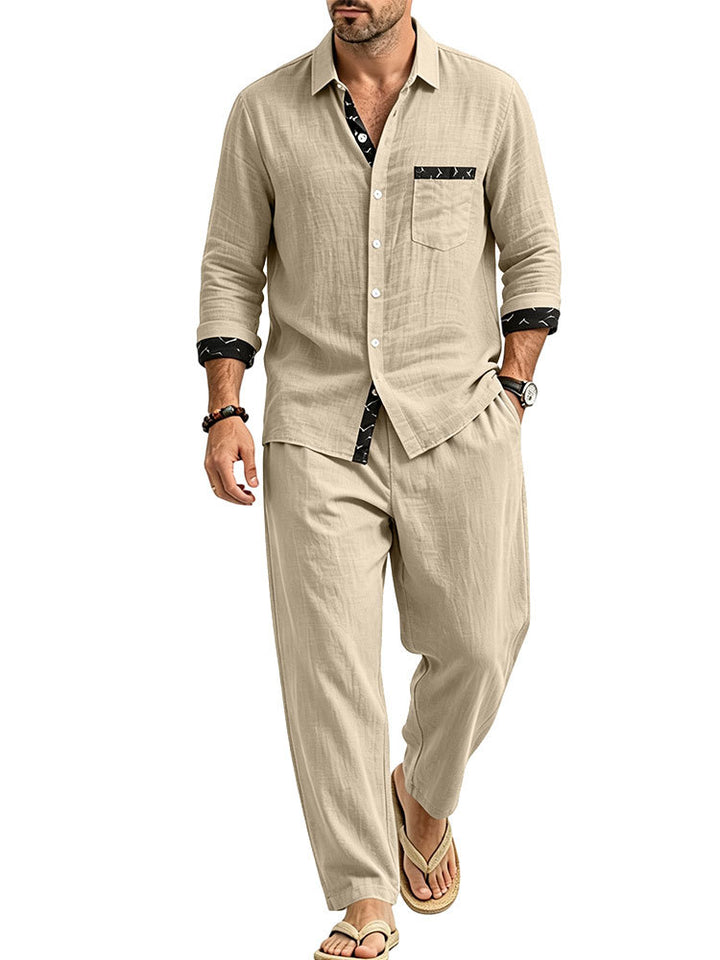 Herren Leichtes Leinenoptik Freizeit-Set mit Hemd und Relax-Hose Drune
