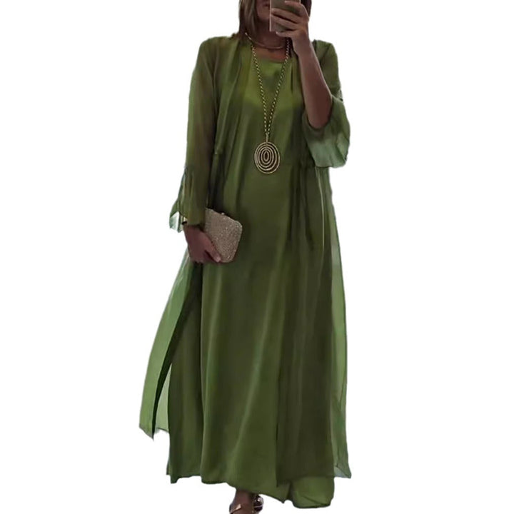 Damen nan elegante Lagen-Abendrobe mit gefüttertem Innenkleid, transparentem Chiffon-Überwurf und taillenverstellbaren Bändern Drune