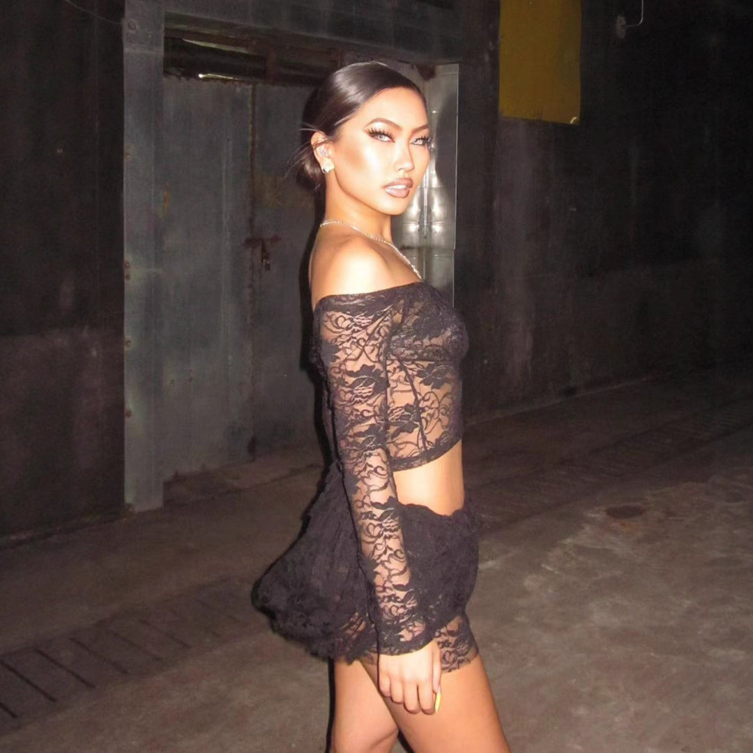 Damen Verspieltes Spitzenkleid mit transparenten Ärmeln und gestuftem Rock Drune
