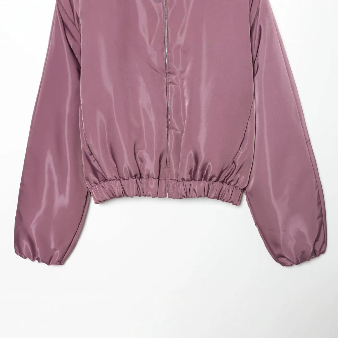 Damen Glänzende Cropped Bomberjacke mit Stehkragen und elastischem Bund Drune