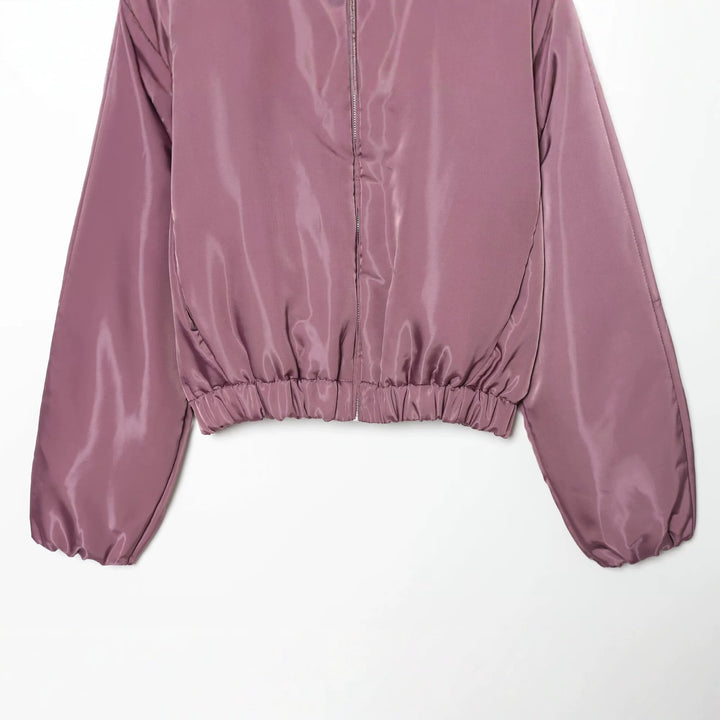 Damen Glänzende Cropped Bomberjacke mit Stehkragen und elastischem Bund Drune
