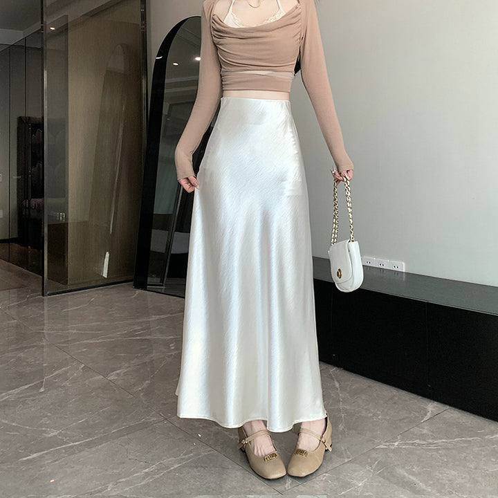 Damen nan eleganter Midirock aus Satin mit A-Linie und nahtlosem Bund Drune