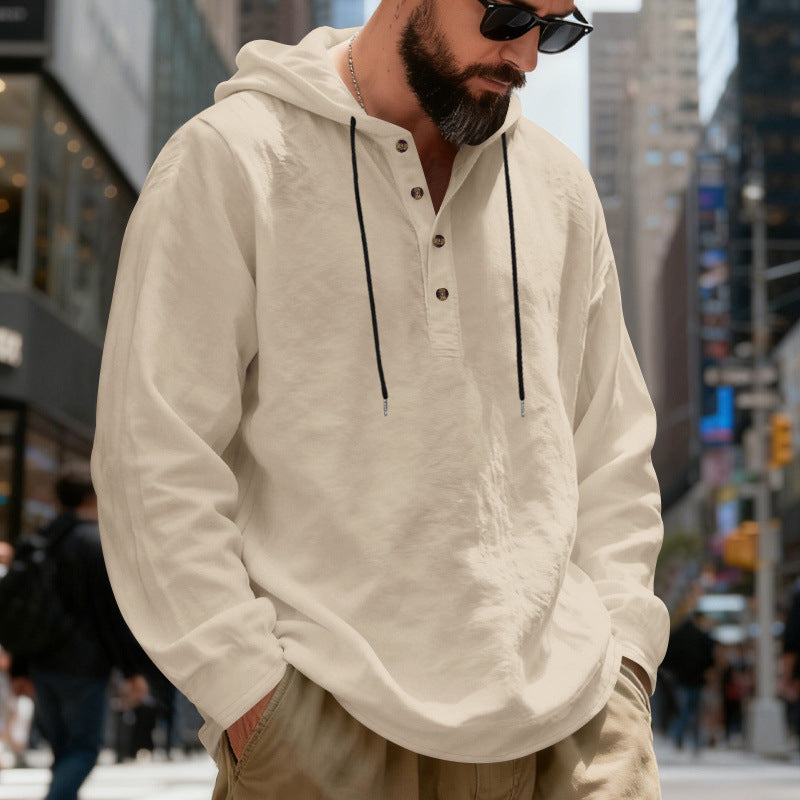Herren nan leichter Kapuzenshirt mit Knopfleiste aus Leinenmischung und entspanntem Schnitt Drune