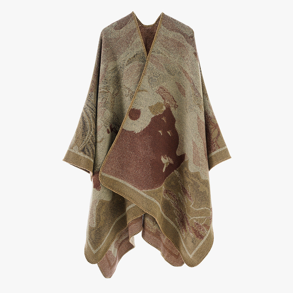Damen Jacquard‑Strickcape mit floraler Grafik und asymmetrischem Saum Drune
