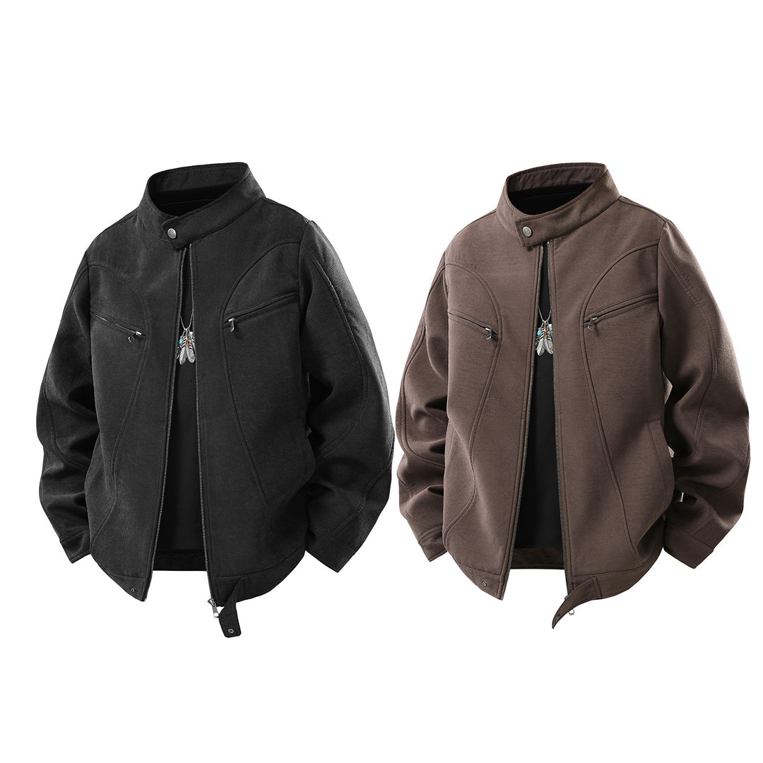 Herren Lässige Utility‑Jacke mit Stehkragen, Reißverschluss und Brusttaschen Drune