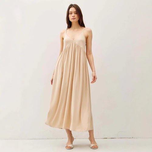 Damen luftiges Maxikleid mit Spaghettiträgern und raffiniertem Schnitt Drune