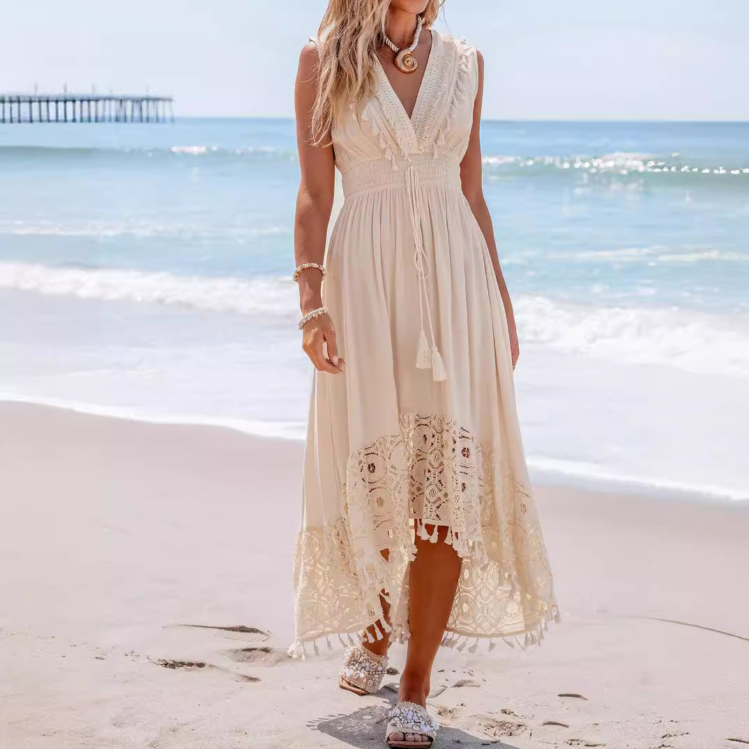 Damen Bohemian Maxikleid mit Spitzen- und Rüschendetails Drune