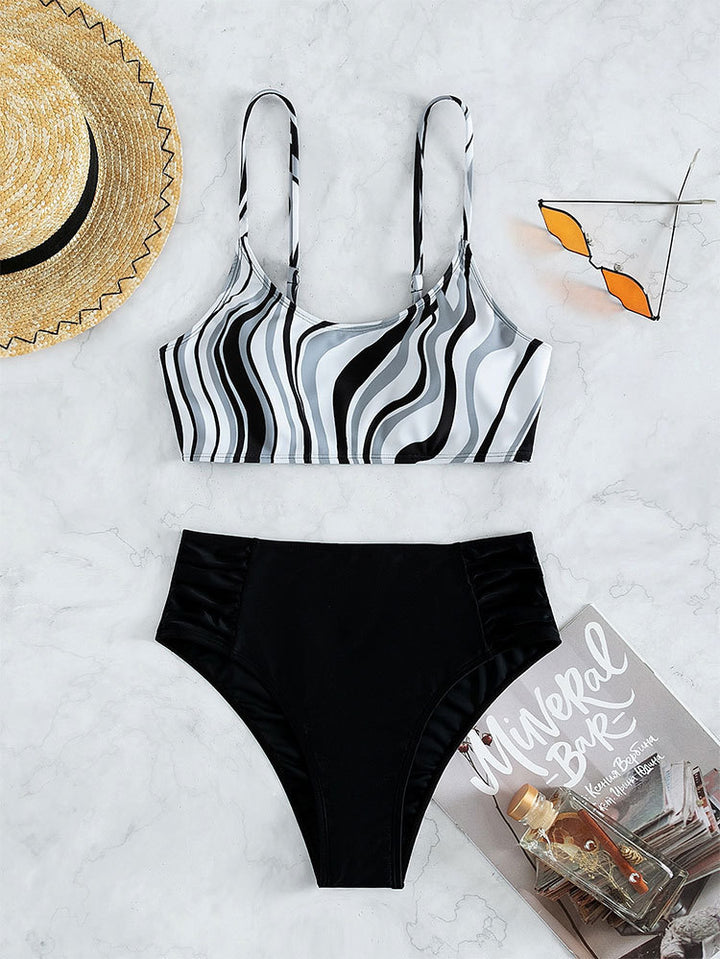 Damen Bikini-Set mit eleganten Streifen und hohem Bund Drune