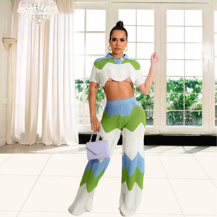 Damen Set aus gehäkeltem Crop-Top und weitem Palazzo-Hosen Drune
