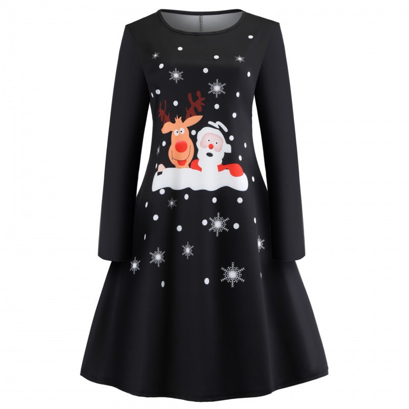 Damen Festliches A-Linien-Kleid mit Weihnachtsprint, Langarm und ausgestelltem Rock Drune
