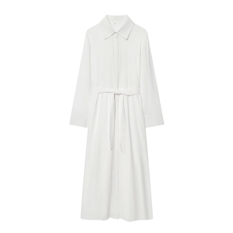 Damen Langes Hemdblusenkleid mit Taillengürtel und durchgehender Knopfleiste Drune