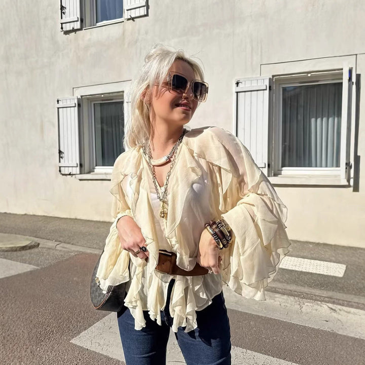Damen nan feminine Chiffon-Volantbluse mit Ballonärmeln und V-Ausschnitt Drune
