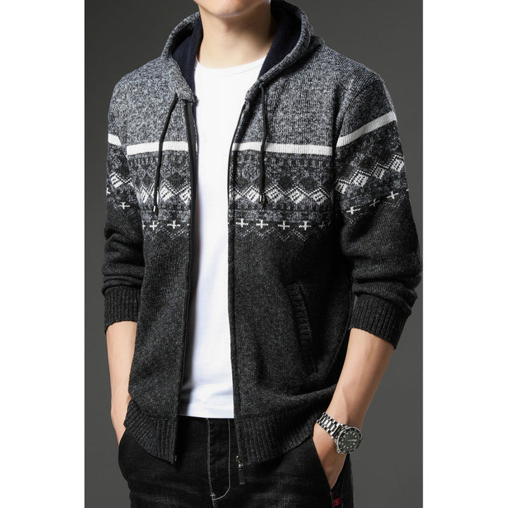 Herren Strick-Zip-Hoodie mit Norwegermuster, Kapuze und Eingrifftaschen Drune