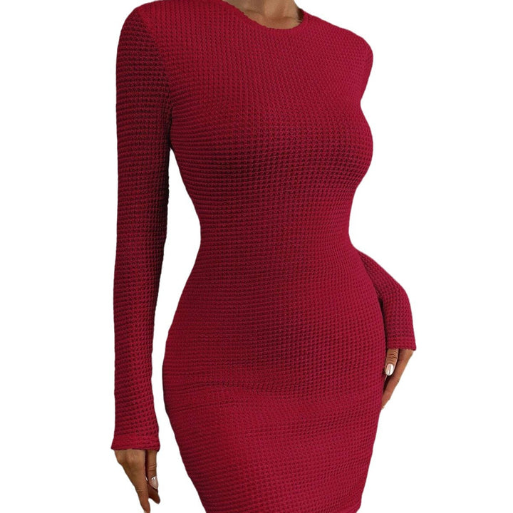 Damen figurbetontes Strickminikleid mit feiner Waffelstruktur und Rundhalsausschnitt Drune