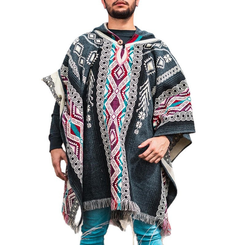 Herren Kapuzenponcho aus Wollmix mit Fransen und Ethno‑Jacquardmuster Drune