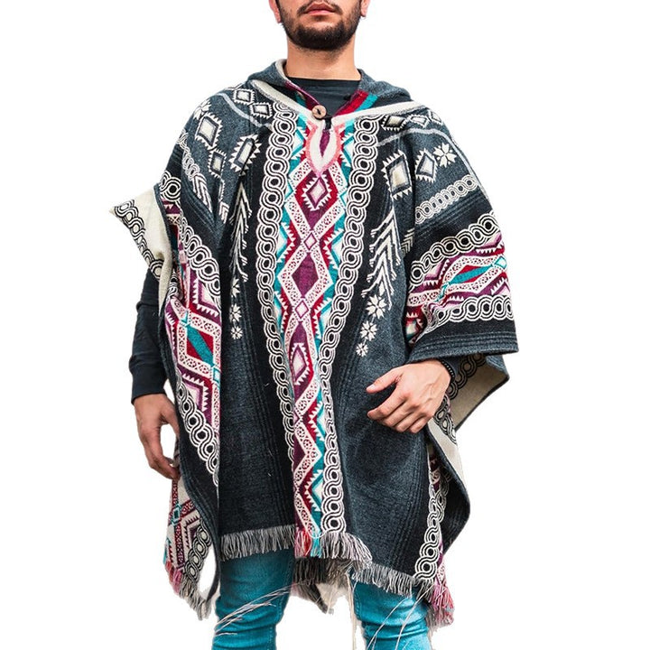Herren Kapuzenponcho aus Wollmix mit Fransen und Ethno‑Jacquardmuster Drune
