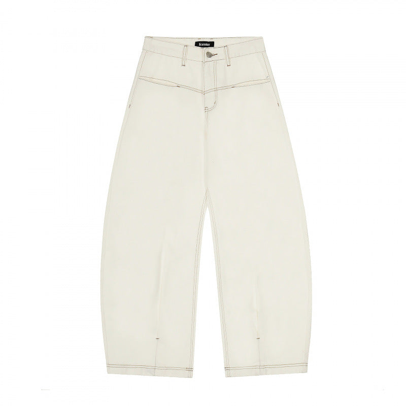 Damen Weite Cropped Ballon-Jeans mit hohem Bund und sichtbaren Kontrastnähten Drune