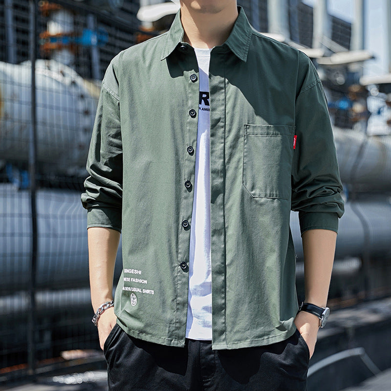Herren Oversized-Hemdjacke im Casual-Worker-Stil mit Brusttasche und durchgehender Knopfleiste Drune