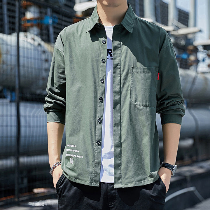 Herren Oversized-Hemdjacke im Casual-Worker-Stil mit Brusttasche und durchgehender Knopfleiste Drune