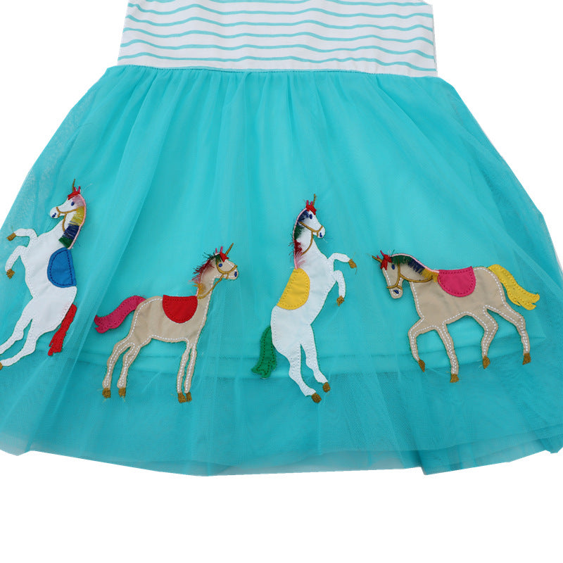 Mädchen Tüllkleid mit buntem Einhorn-Motiv und gestreiftem Oberteil Drune