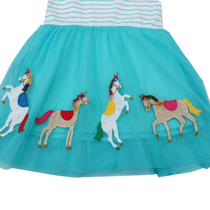 Mädchen Tüllkleid mit buntem Einhorn-Motiv und gestreiftem Oberteil Drune