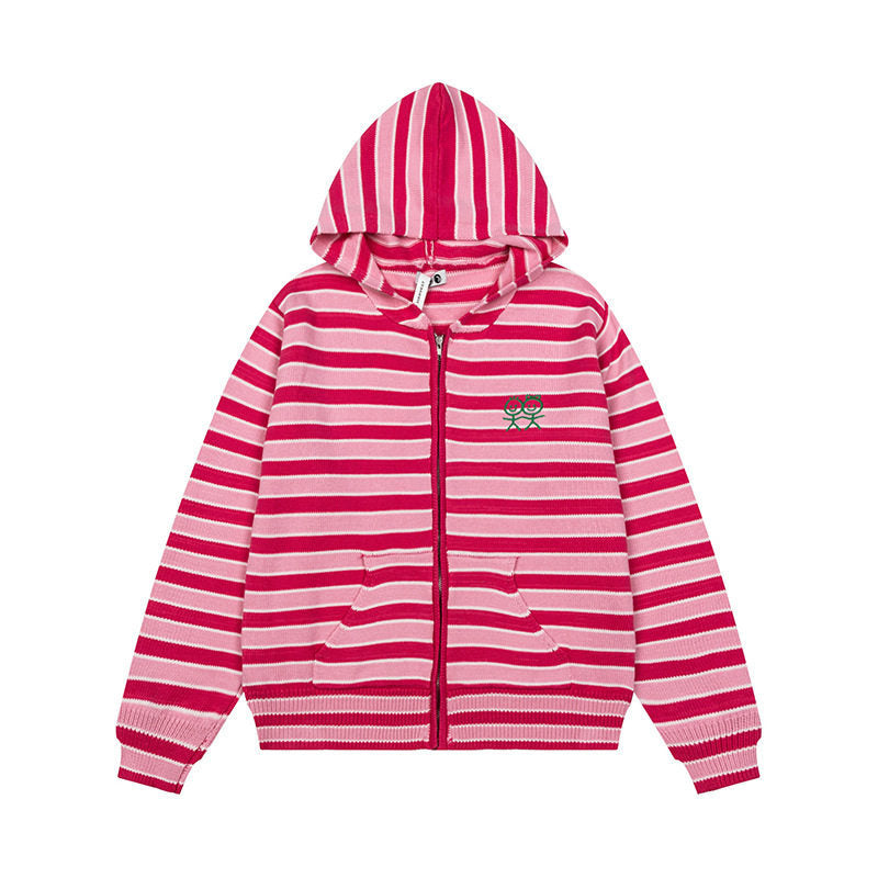 Damen Gestreifte Kapuzen-Strickjacke mit durchgehendem Reißverschluss und Eingrifftaschen Drune