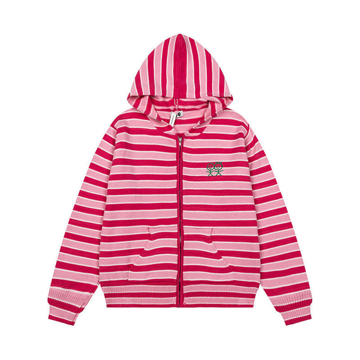 Damen Gestreifte Kapuzen-Strickjacke mit durchgehendem Reißverschluss und Eingrifftaschen Drune