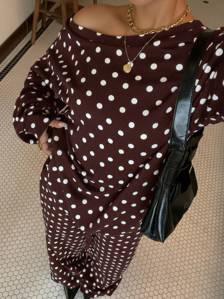Damen Gepunktetes Zweiteiliges Lounge-Set mit weitem Boatneck und weiten Palazzo-Hosen Drune