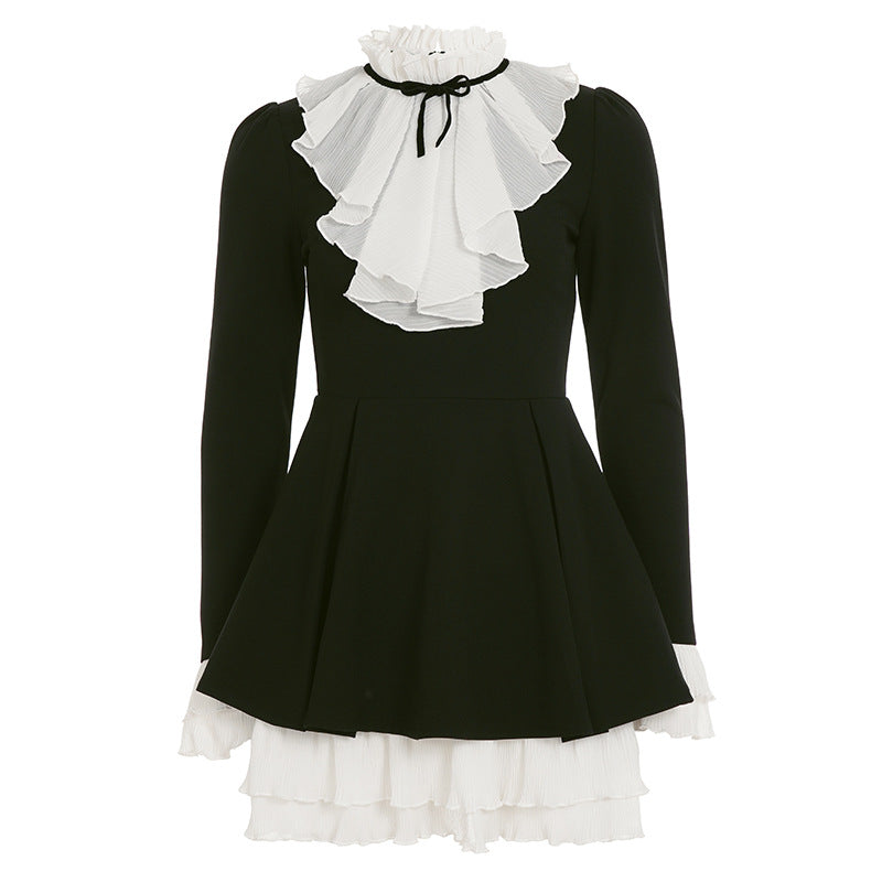 Damen nan viktorianisches Rüschenkleid mit Stehkragen, gerafftem Volant und mehrlagigem Plissee-Unterrock Drune