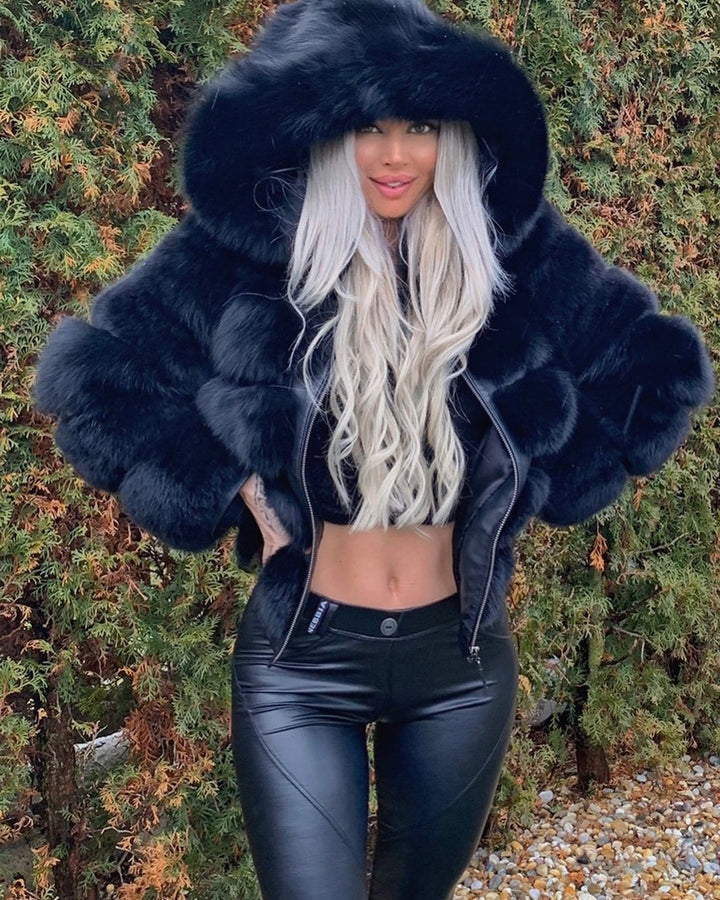 Damen Sportliche Kunstpelzjacke mit Kapuze Drune