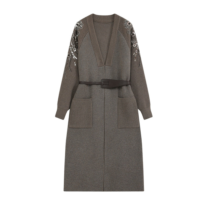 Damen Lange Strickjacke mit Gürtel, tiefem V‑Ausschnitt und bestickten Paillettenärmeln Drune