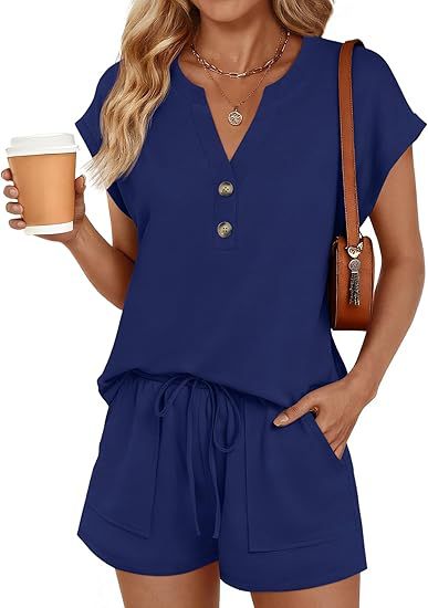 Damen Lässiges zweiteiliges Lounge-Set mit Knopfleiste, Kordelzugshorts und Eingrifftaschen Drune