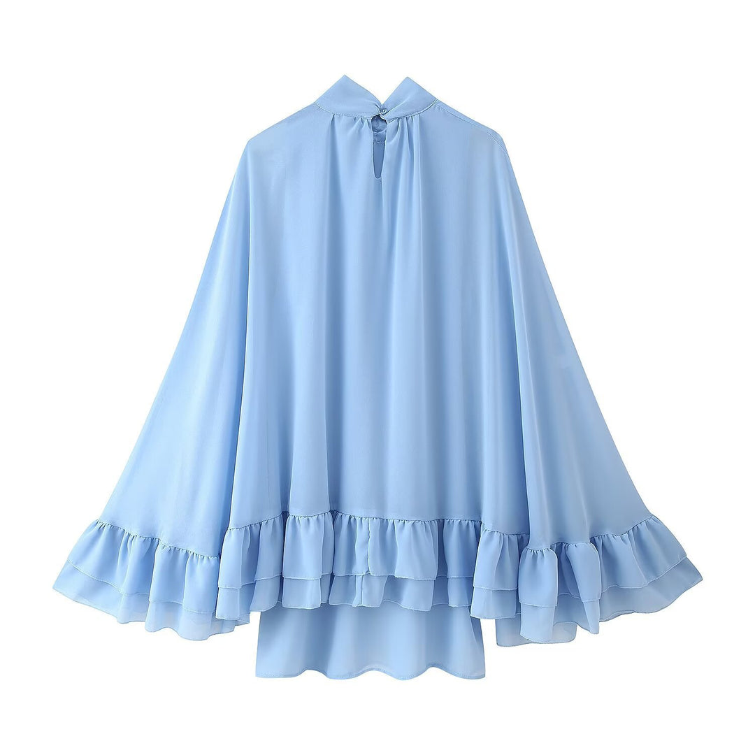 Damen 300+ voluminöses Chiffon‑Cape mit Stehkragen und Stufenvolants Drune