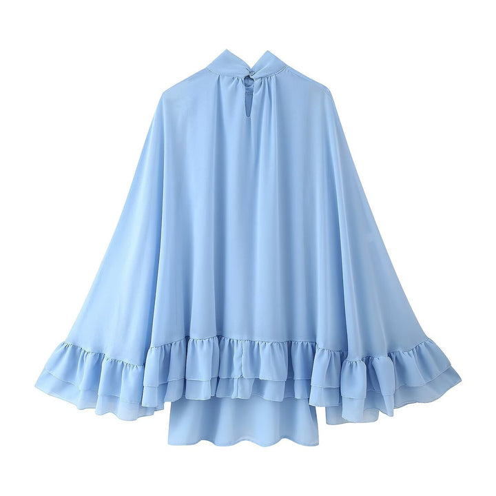 Damen 300+ voluminöses Chiffon‑Cape mit Stehkragen und Stufenvolants Drune