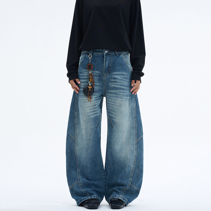 Damen Extraweite Denim-Palazzohose mit Paneelnähten und bodenlangem Saum Drune