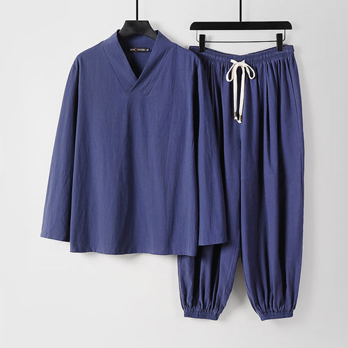 Herren Lockeres Leinen-Loungewear-Set mit V-Ausschnitt elastischem Bund und gerafften Knöcheln Drune